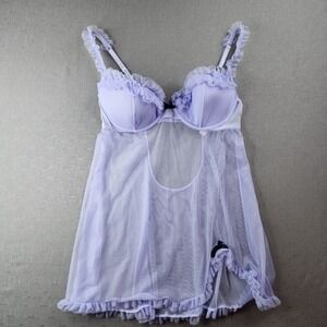 Victoria's Secret Purple Mesh Ruffle Babydoll Lingerie Camisole 36C Black Bows